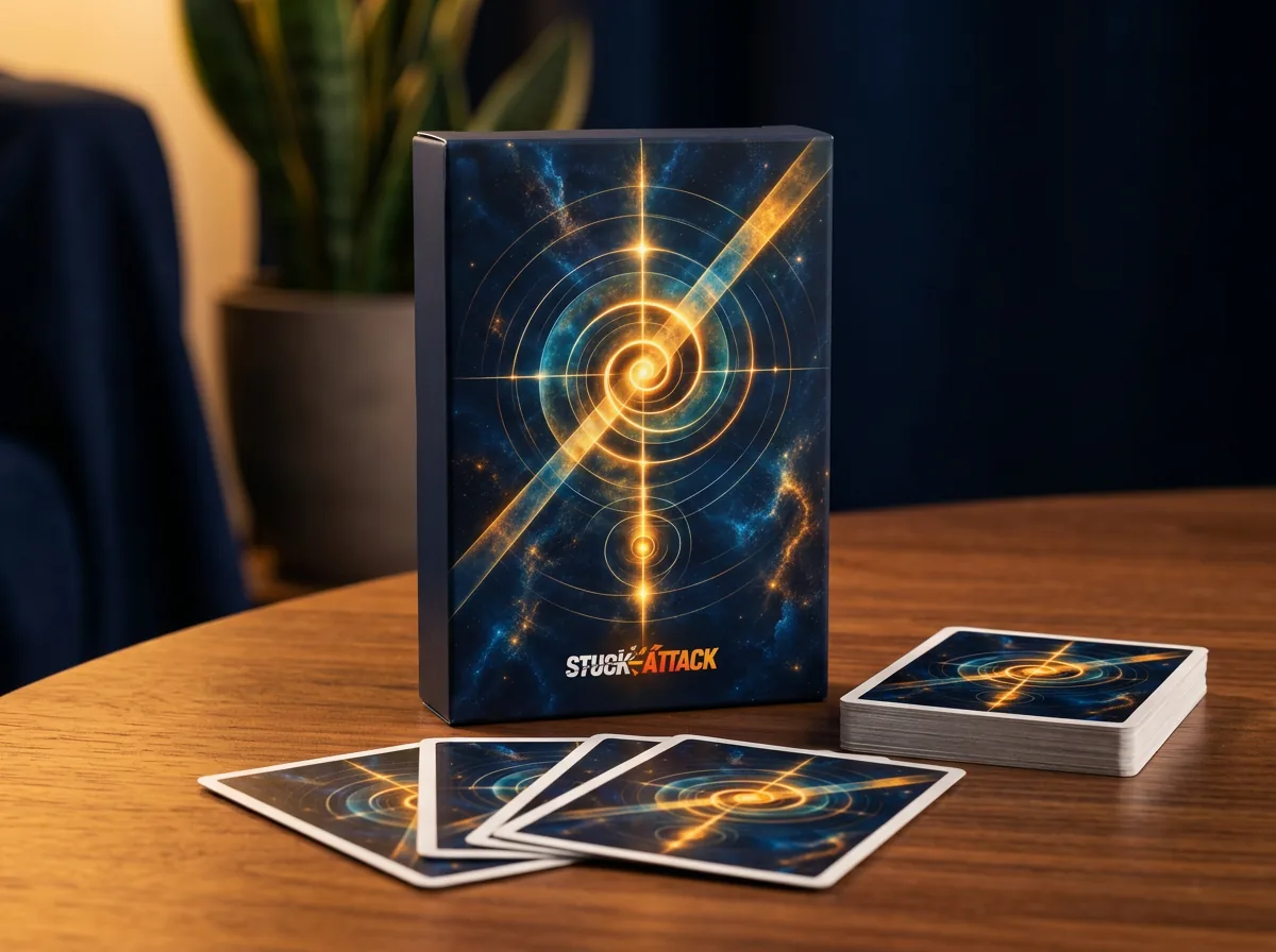 The STUCK-ATTACK deck box with cards laid face down in front of it (visual mock-up)